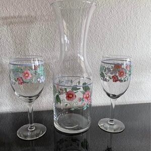 Libbey Floral Glass Carafe and Wine Glass Set - Pink and Green